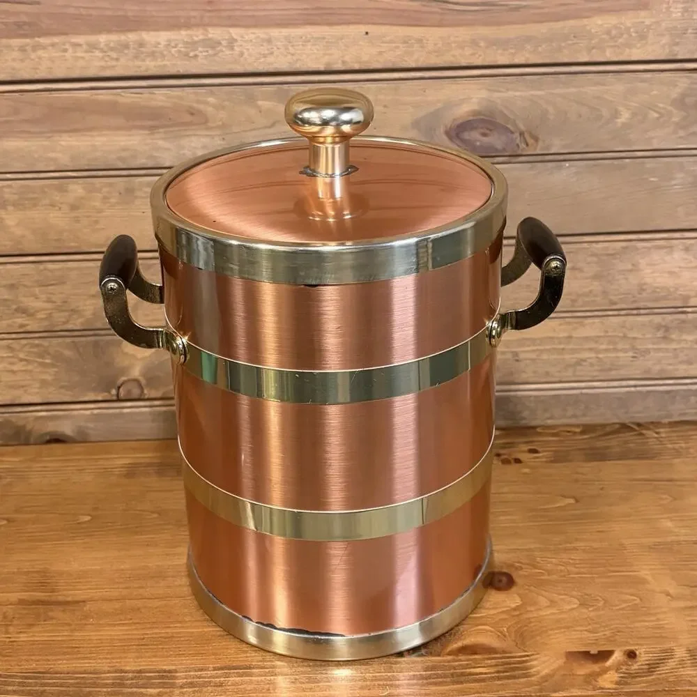 Vintage Kraftware NYC Copper And Brass Ice Bucket MCM Barware Handles Lid Insert